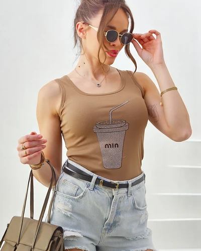 Royalfashion Ženski bombažni top z naramnicami in rhinestone skodelico