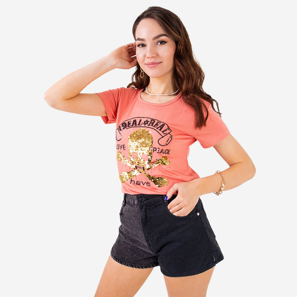 Royalfashion Pomarańczowy damski t-shirt z cekinami i napisami