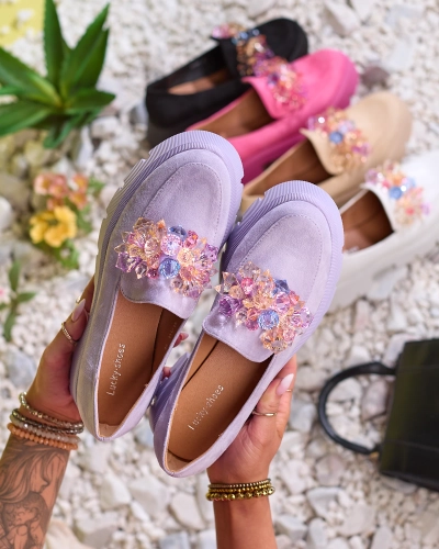 OUTLET Royalfashion Fioletowe damskie mokasyny z kolorowymi kryształkami Crystal Glam