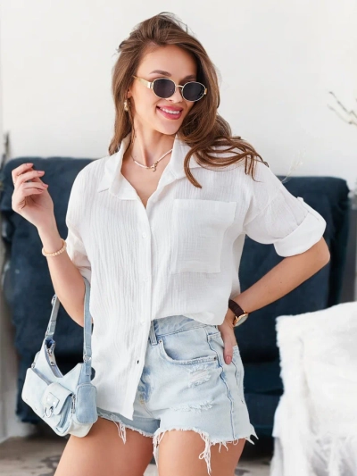 Royalfashion Ženska bombažna srajca z embosiranjem in V-izrezom ter 3/4 rokavi