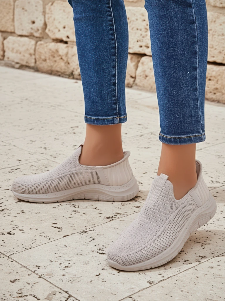 Aurelia Comfort Bež Slip On Ženski Čevlji iz Tkanine s Plosko Peto