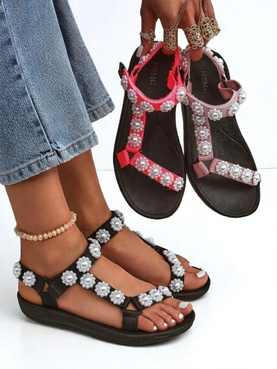 Ženski sandali Royalfashion Perseida črni na platformi z biseri