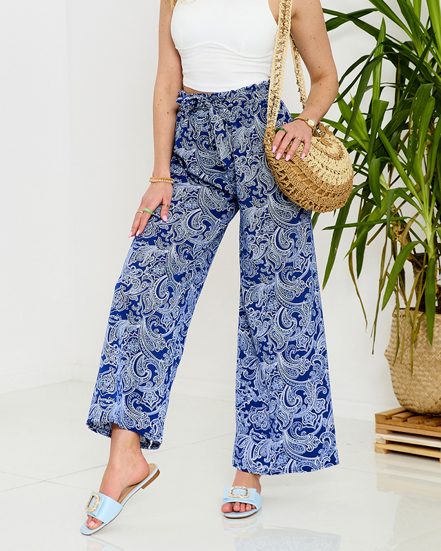 Royalfashion Granatowe damskie spodnie materiałowe z printem