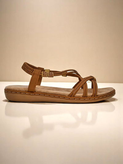 Ženski sandali Royalfashion Cressida camel ravno udobje eko usnje poletje
