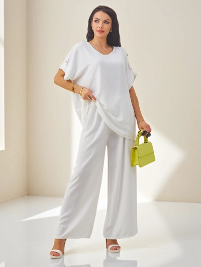 Royalfashion Ženski bombažni komplet s kratkimi rokavi in širokimi hlačami