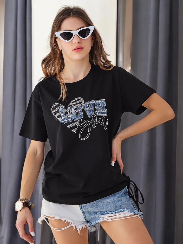Royalfashion Ženski bombažni T-shirt LJUBEZEN z rhinestones