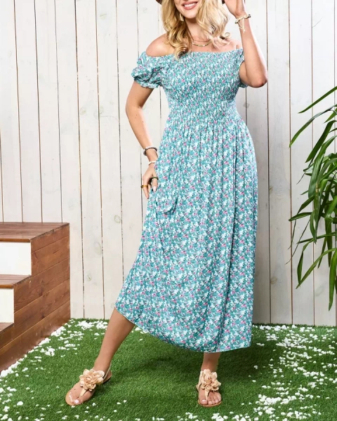 Royalfashion Zielona damska sukienka midi z kwiecistym wzorem