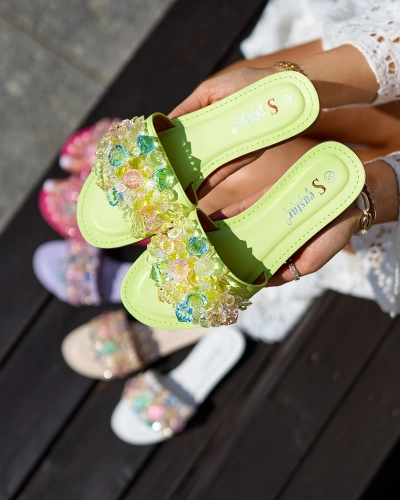 Royalfashion Neonowe zielone damskie klapki z kolorowymi kryształkami Bling Breeze