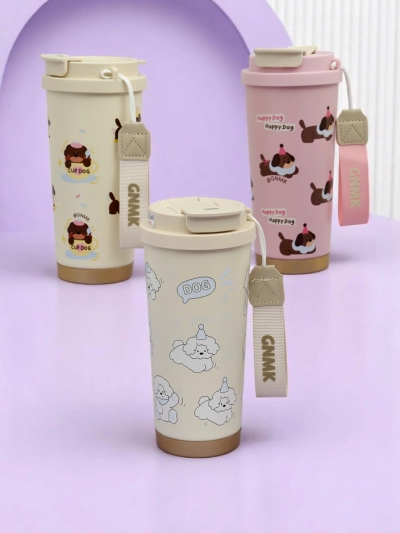 Royalfashion Termo mug s košarico, slamico in izlivom Happy Dog