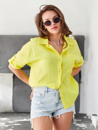 Royalfashion bombažna ženska srajca z izboklinami in V-izrezom ter 3/4 rokavi