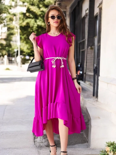Royalfashion Ženska midi obleka z volančki in kratkimi rokavi