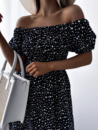 Royalfashion Granatowa sukienka damska maxi w groszki
