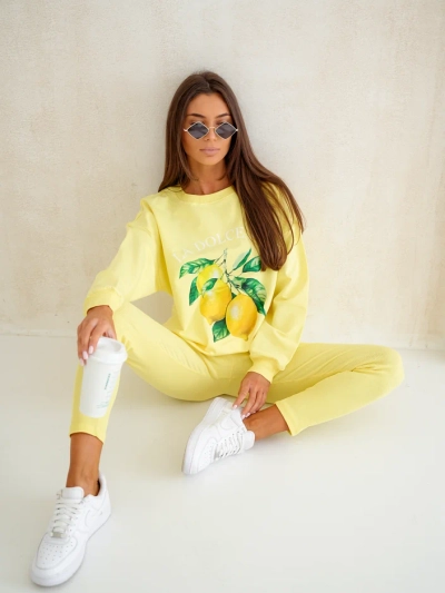 Royalfashion Ženski bombažni komplet s limoninim puloverjem in leggingsi