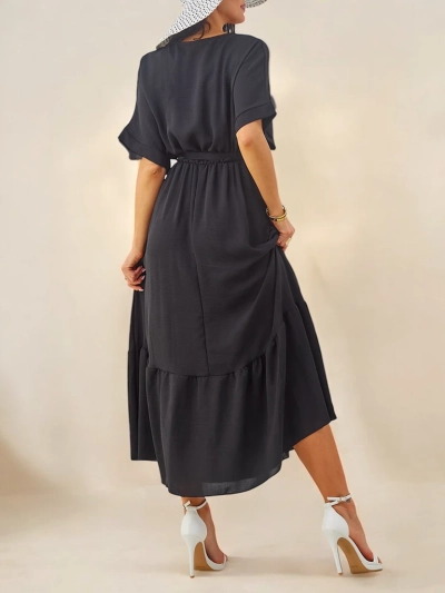 Royalfashion Ženska midi obleka s kratkimi rokavi in dekorativnimi gumbi