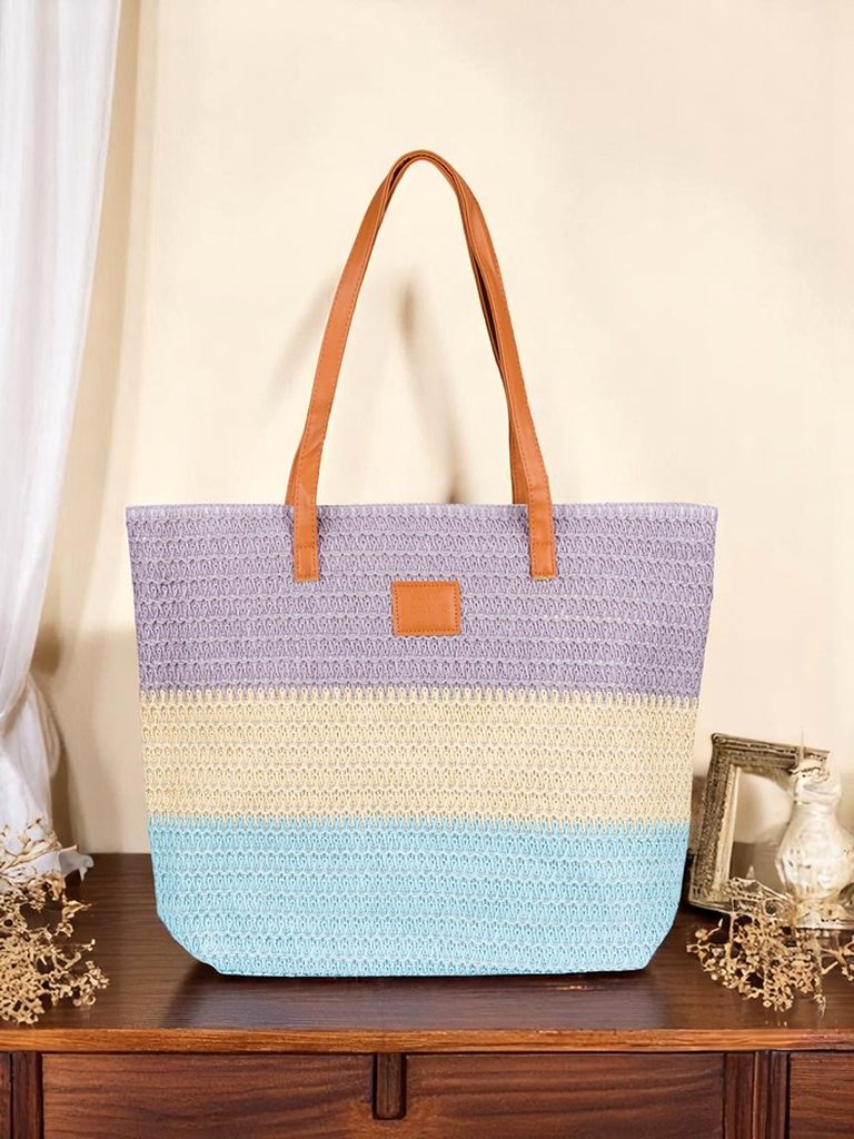 Royalfashion Velika ženska torba iz slame z izrazitimi črtami