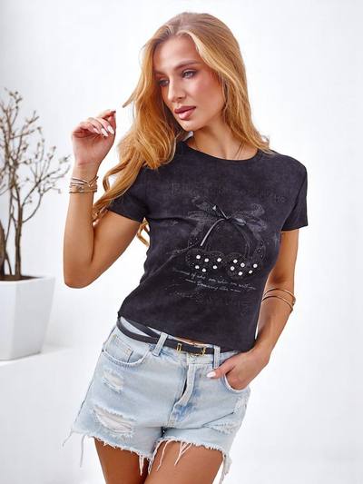 Royalfashion Ženska bombažna majica z okrasnimi kamenčki in pentljo