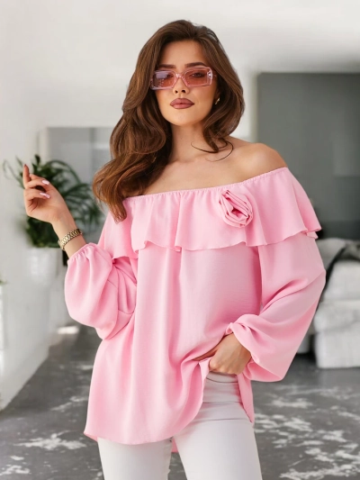 Royalfashion Ženska bluza brez naramnic z volančki in cvetom