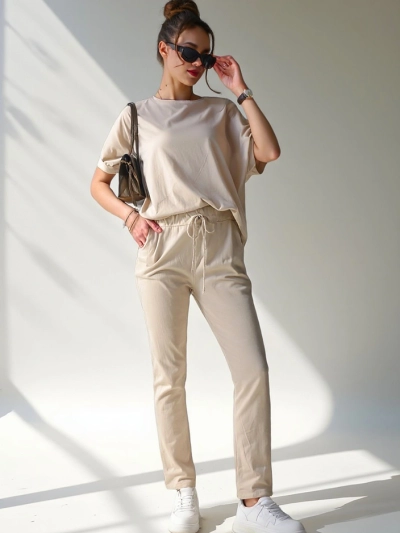 Royalfashion Ženski bombažni komplet s kratkimi rokavi in ravnimi hlačami