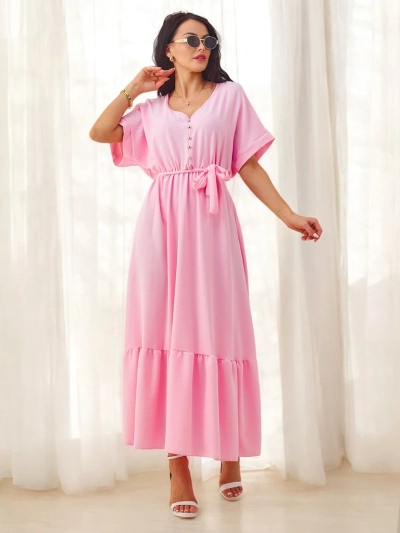 Royalfashion Ženska midi obleka s kratkimi rokavi in dekorativnimi gumbi