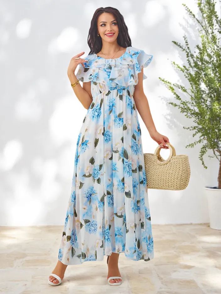 Royalfashion Ženska obleka brez naramnic s kratkimi rokavi v različnih cvetličnih vzorcih