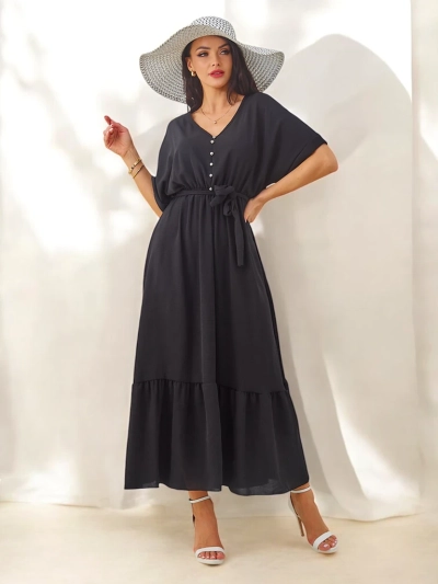 Royalfashion Ženska midi obleka s kratkimi rokavi in dekorativnimi gumbi