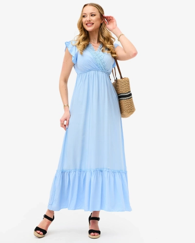 Royalfashion Damska niebieska długa sukienka z koronką