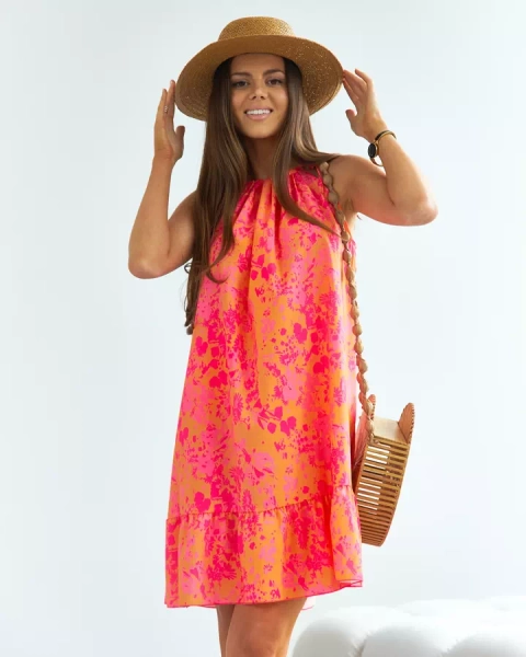 Royalfashion Pomarańczowo-różowa damska krótka sukienka w kwiaty