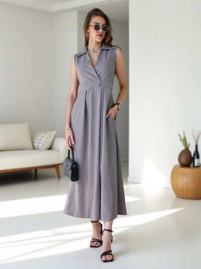 Royalfashion Ženska brezrokavna obleka z zavitim ovratnikom Bizness