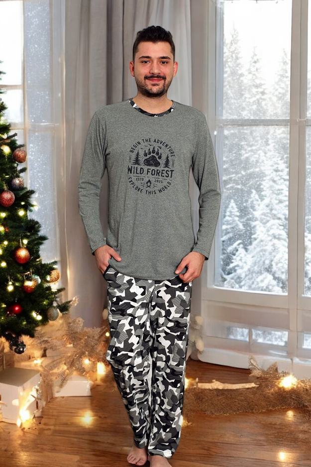 Granatowa męska piżama ze spodniami w kratę- Odzież