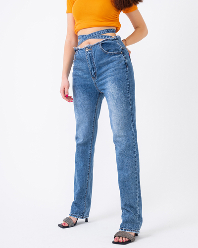 Royalfashion Niebieskie damskie spodnie jeansowe boyfriendy z ozdobnym paskiem