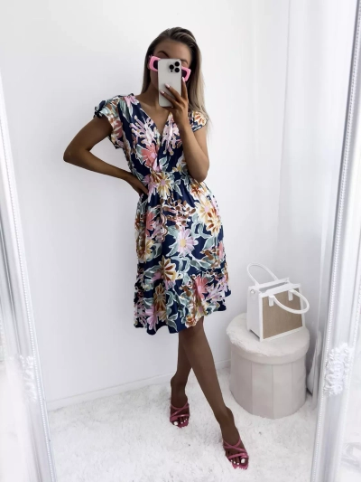 Royalfashion Granatowa sukienka damska mini z printem w kwiaty