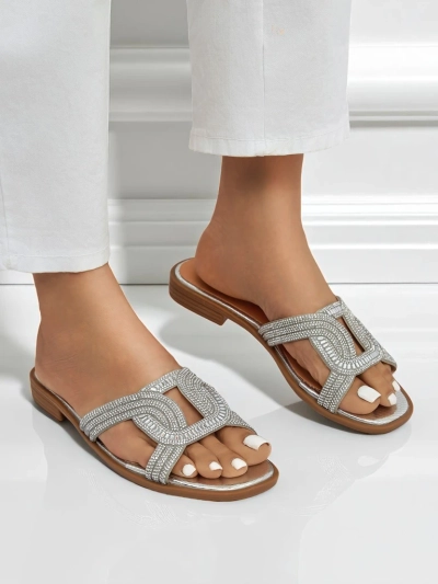 Srebrni sandali Royalfashion Ariadne - ravna peta, ekološko usnje