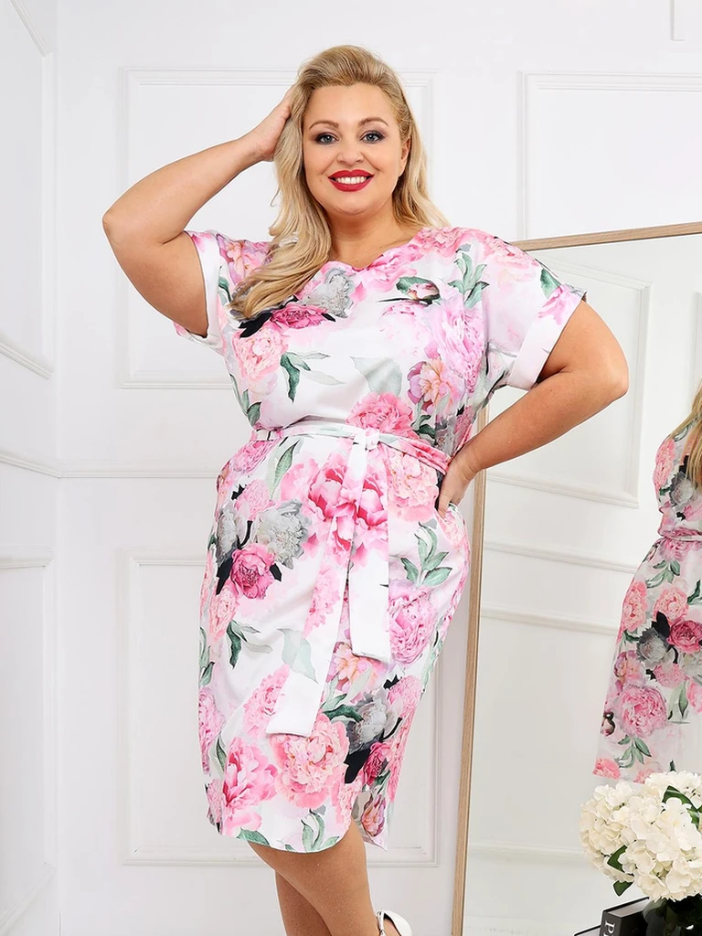 Royalfashion Ženska obleka do kolen s kratkimi rokavi in rožnatim trakom