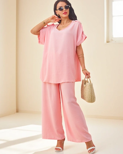 Royalfashion Ženski bombažni komplet s kratkimi rokavi in širokimi hlačami