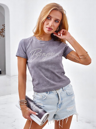 Royalfashion Ženska majica iz bombaža z okrasnimi kamenčki in napisom