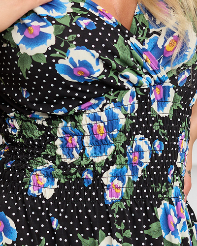 Czarna damska sukienka maxi w niebieskie kwiaty- Odzież