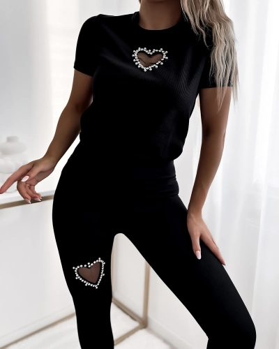 Royalfashion Czarny damski komplet sportowy z serduszkiem