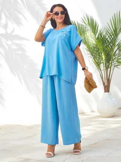 Royalfashion Ženska komplet z kratkimi rokavi, dekorativno cvetje in široke hlače