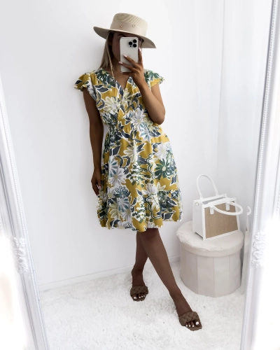 Royalfashion Musztardowa sukienka damska mini z printem w kwiaty