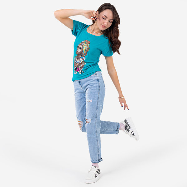 Royalfashion Niebieski damski t-shirt z kolorowym printem i cekinami