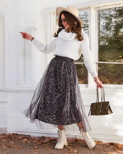 Royalfashion Uzorkovana midi suknja za žene sa tilom