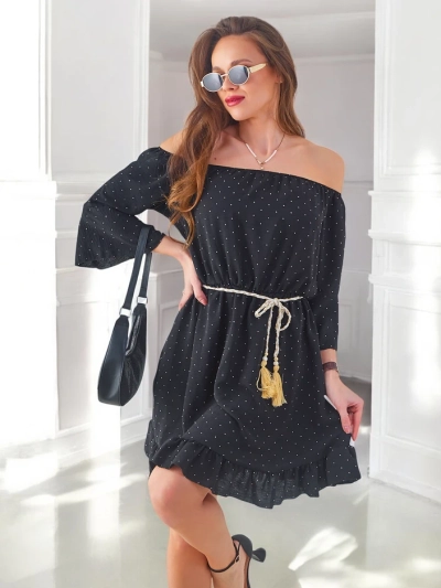 Royalfashion Ženska mini obleka brez naramnic z dolgimi rokavi in kamenčki