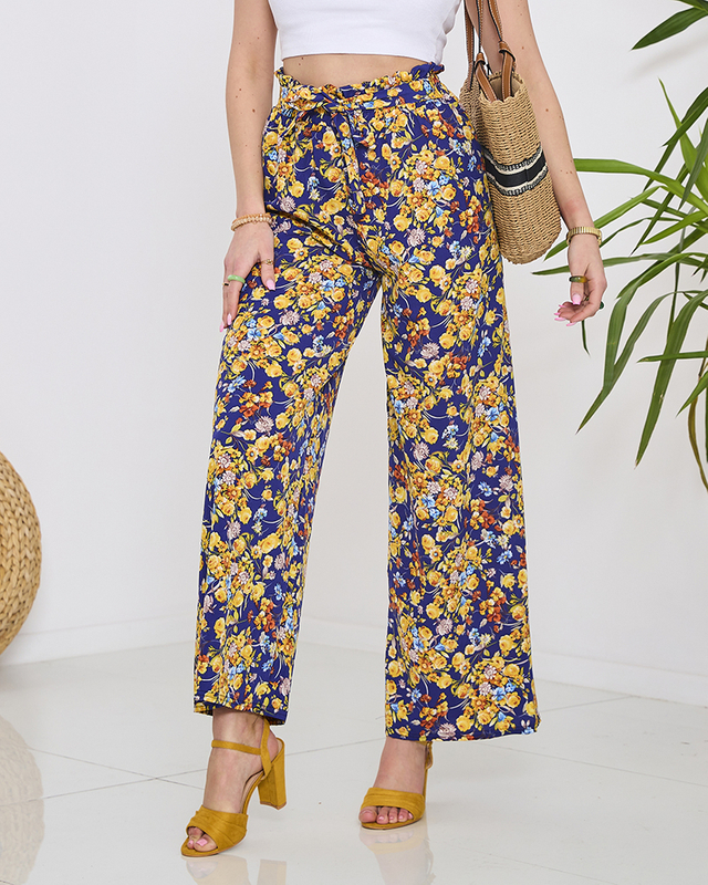 Royalfashion Damskie granatowe spodnie typu palazzo w kwiaty