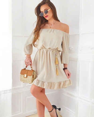 Royalfashion Ženska mini obleka brez ramen z dolgimi rokavi in rhinestones