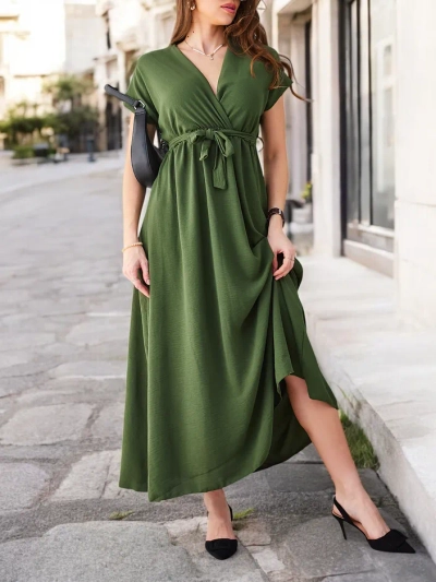 Royalfashion Ženska midi obleka z ovitim dekoltejem, kratkimi rokavi in pasom