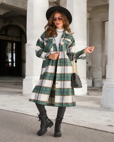 Royalfashion Zielona długa koszula damska w kratę