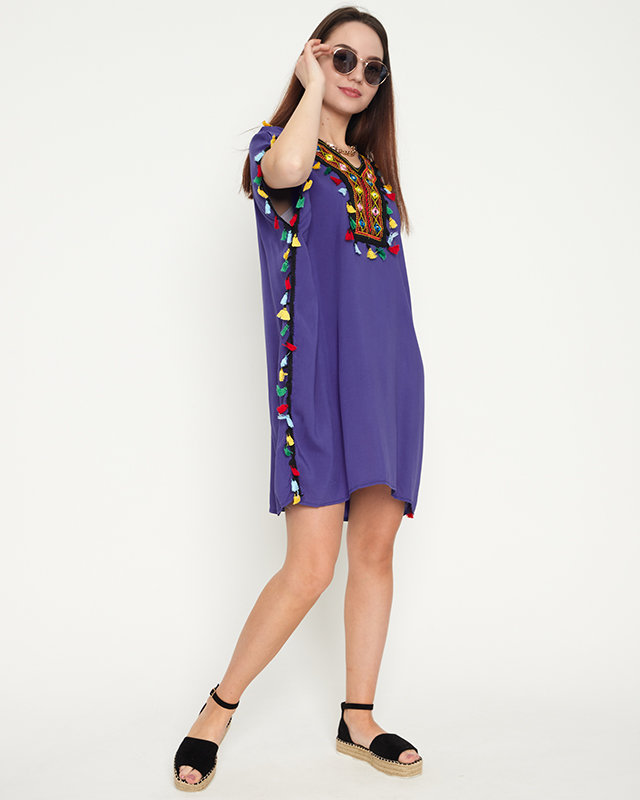 Royalfashion Fioletowa damska letnia tunika plażowa z frędzelkami