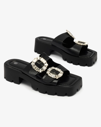 Royalfashion Czarne damskie zdobione klapki na obcasie Tireta