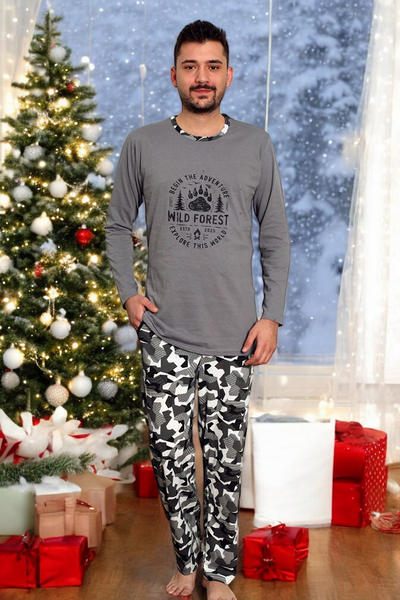 Granatowa męska piżama ze spodniami w kratę- Odzież