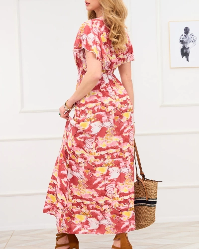 Royalfashion Czerwona damska długa sukienka z modnym wzorem